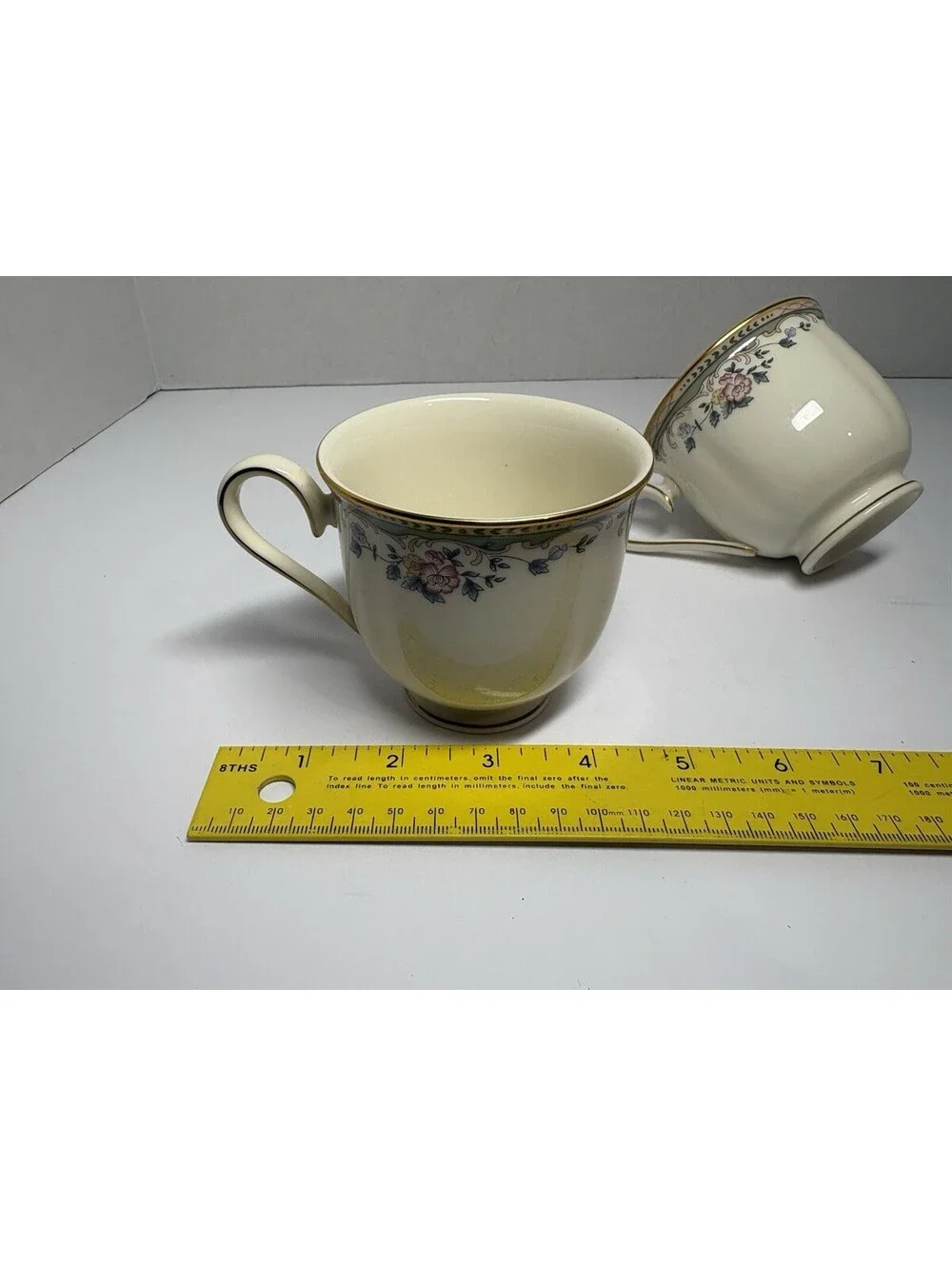 Pair Of Lenox Spring Vista USA Bone China Teacups Gold Rim Green Border
